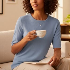 New! Nwt Tahari Light Blue Short Sleeve Top M